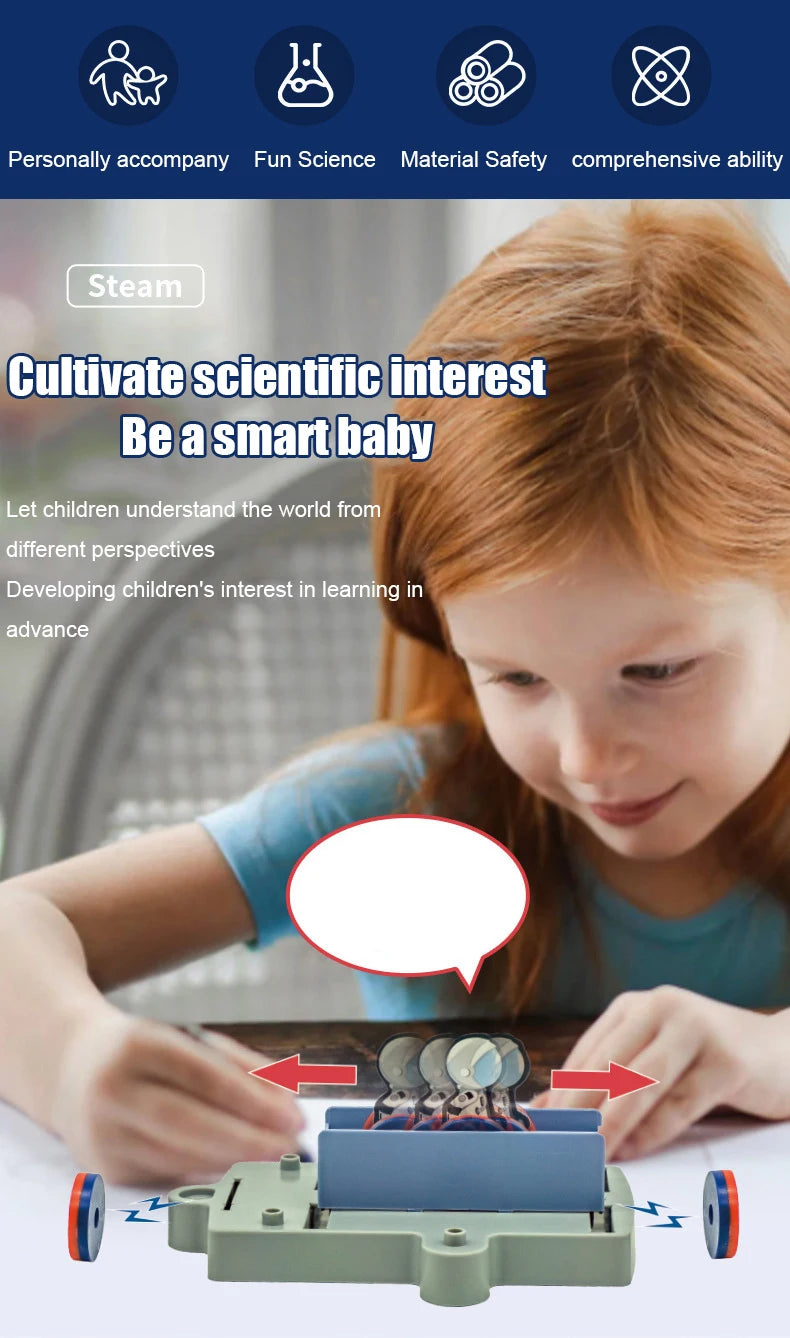 A young girl is working on a STEM Physics kit featuring magnetic levitation components.