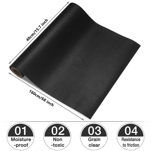 Roll of black self-adhesive leather repair patches showing dimensions and features