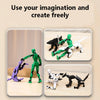 A collection of multi-jointed shapeshifting puppets in various colors and poses for creative play.