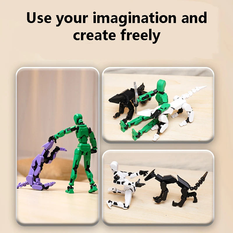 A collection of multi-jointed shapeshifting puppets in various colors and poses for creative play.