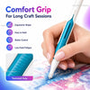 A hand holds a white and blue precision press tool with a textured grip for long craft sessions.