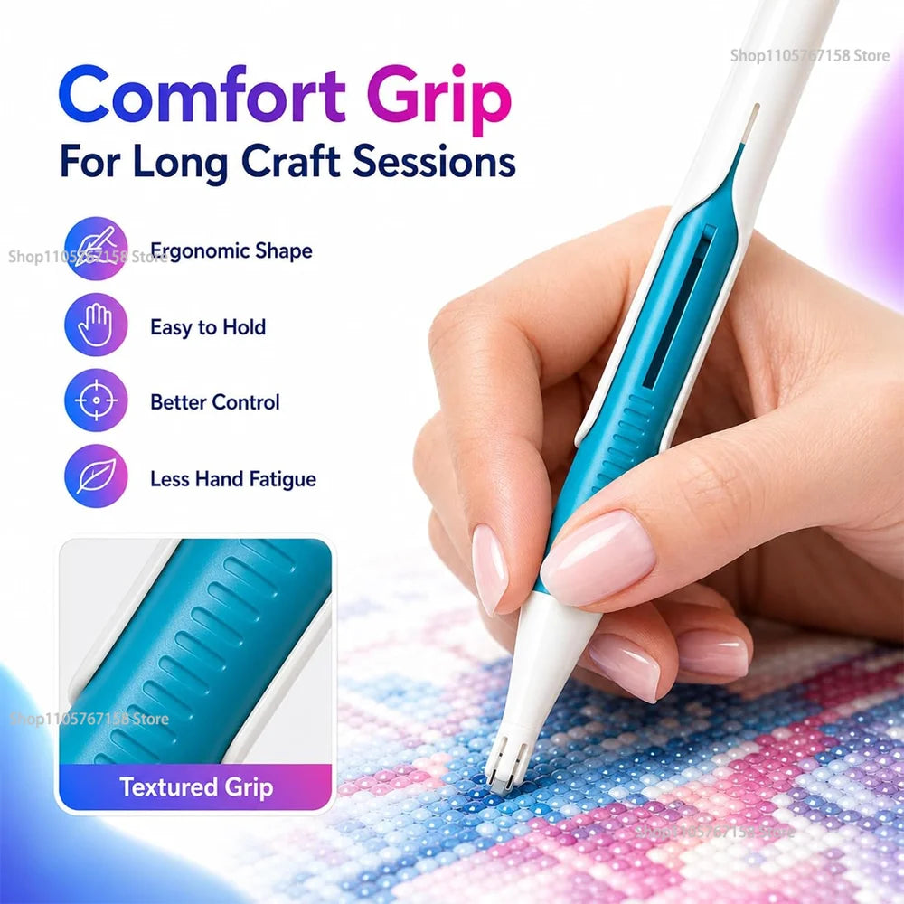 A hand holds a white and blue precision press tool with a textured grip for long craft sessions.