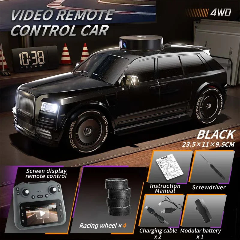 Black 4WD remote control car with HD camera and FPV monitor accessories