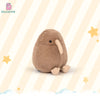 A soft brown kiwi bird plush toy with a light beak and small feet is shown against a striped background.