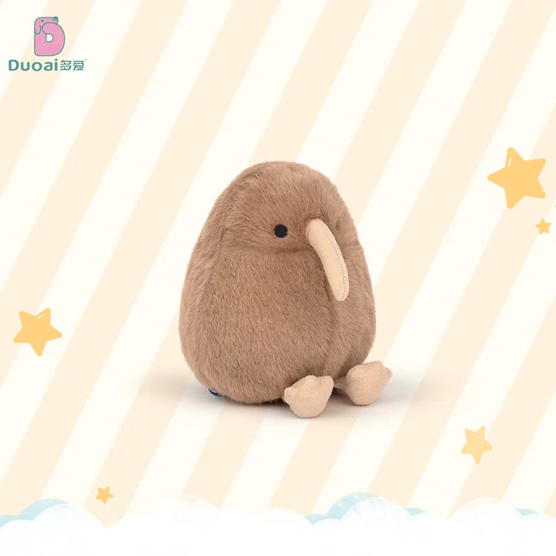A soft brown kiwi bird plush toy with a light beak and small feet is shown against a striped background.