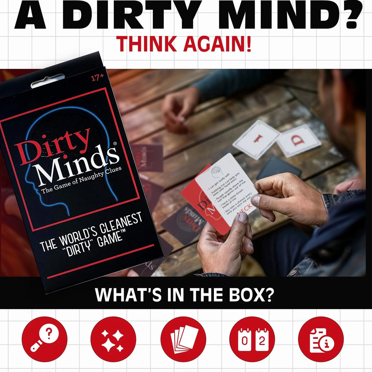 Box of Dirty Minds party card game featuring a red and black design with a question mark icon.