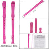 Pink recorder flute for kids with a cleaning stick shown in various views and dimensions