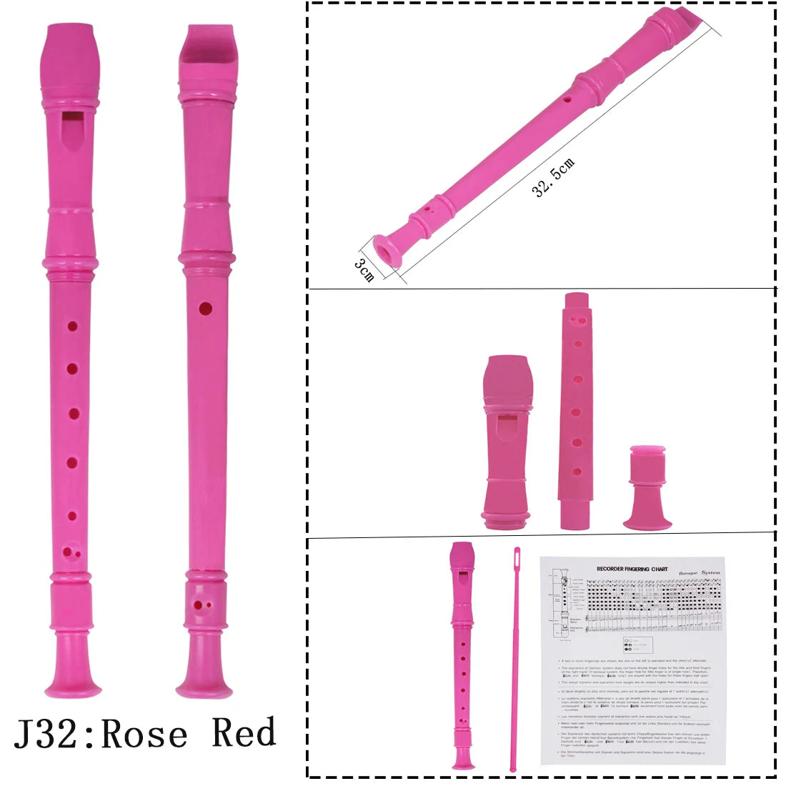Pink recorder flute for kids with a cleaning stick shown in various views and dimensions