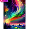 Vibrant aurora landscape featuring swirling colors over a snowy mountain range.
