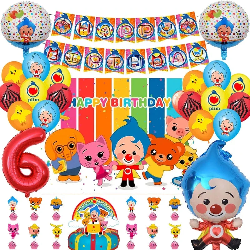 A collection of colorful balloons, banners, and clown-themed decorations for a children's birthday party.