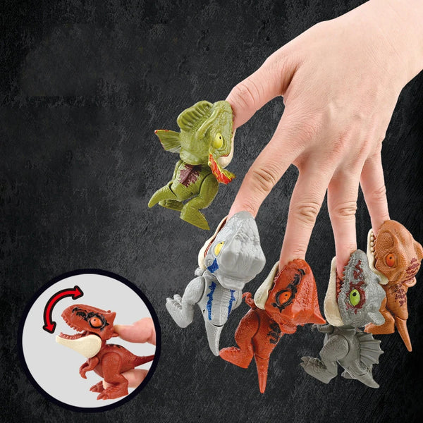 A hand is holding and displaying several mini dinosaur finger toys against a dark background.