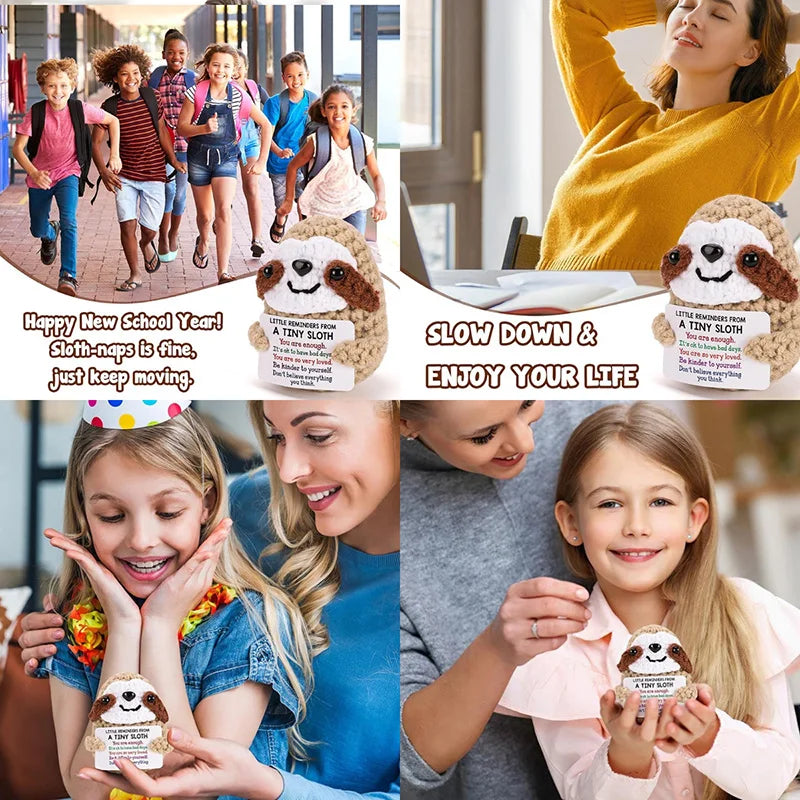 Handmade crochet emotional support plush with a tiny sloth and positive message