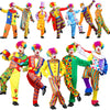 A colorful set of classic clown costumes featuring various characters and bright patterns.