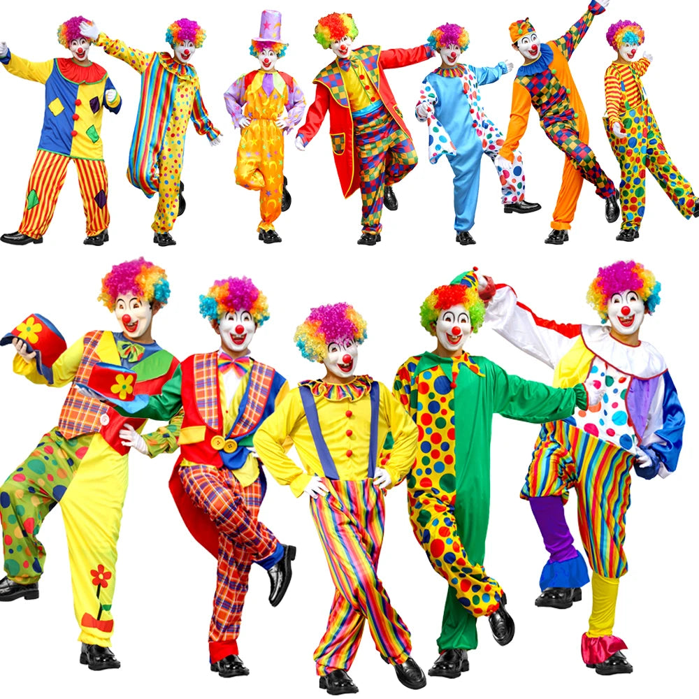 A colorful set of classic clown costumes featuring various characters and bright patterns.