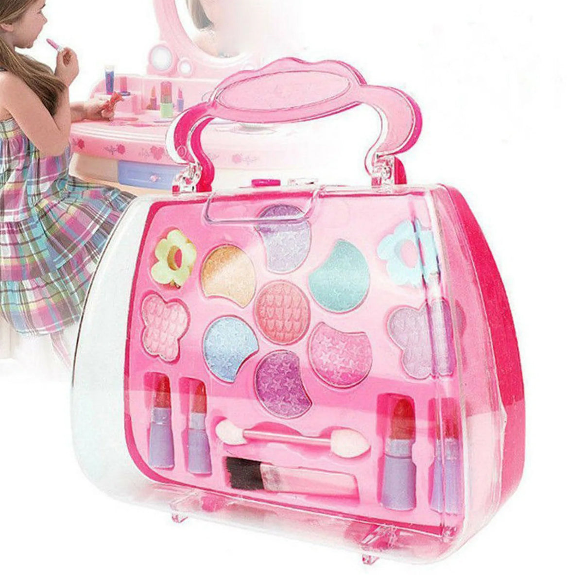 A pink plastic cosmetic case for a kids pretend play makeup set with various colored makeup items.