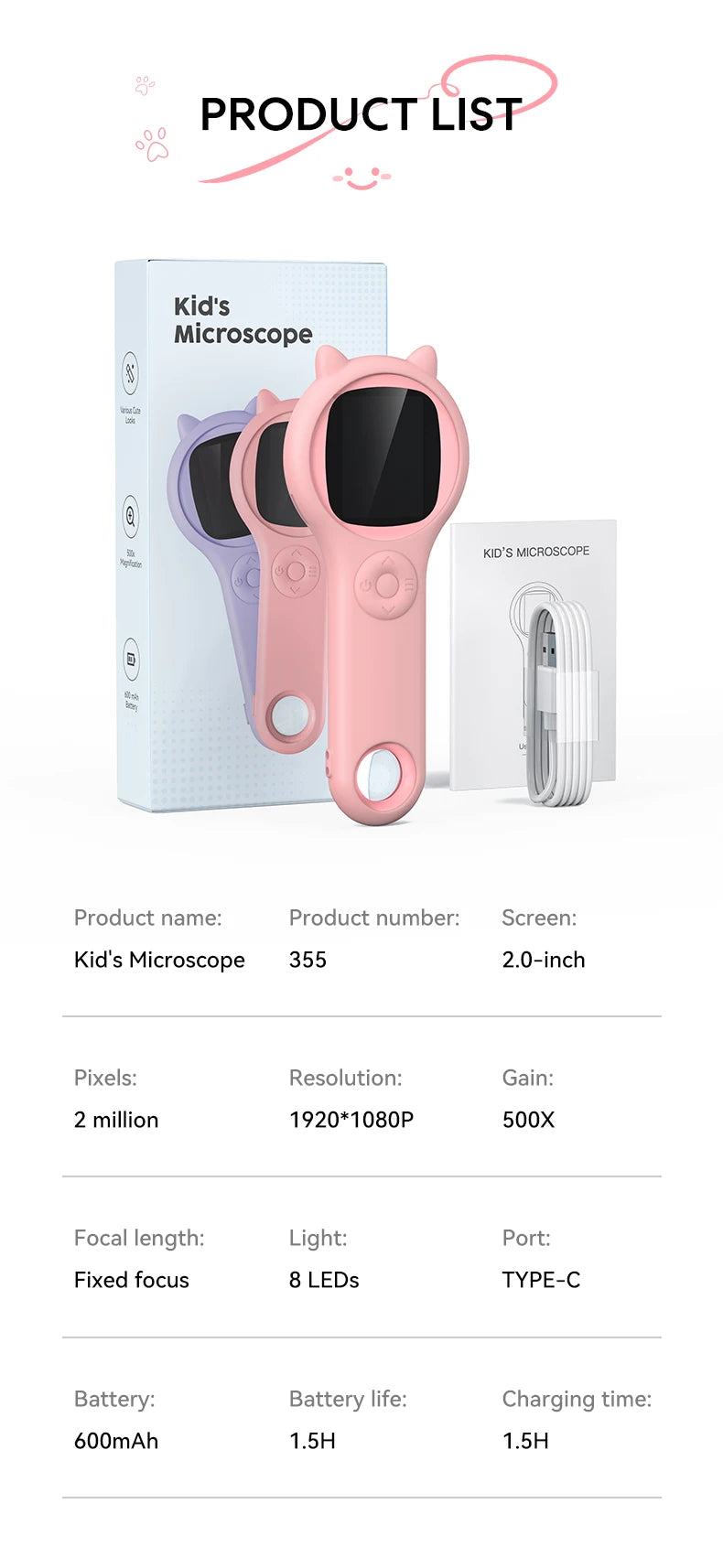 Portable Handheld Microscope for Kids – 500x Magnification, Educational Science Toy