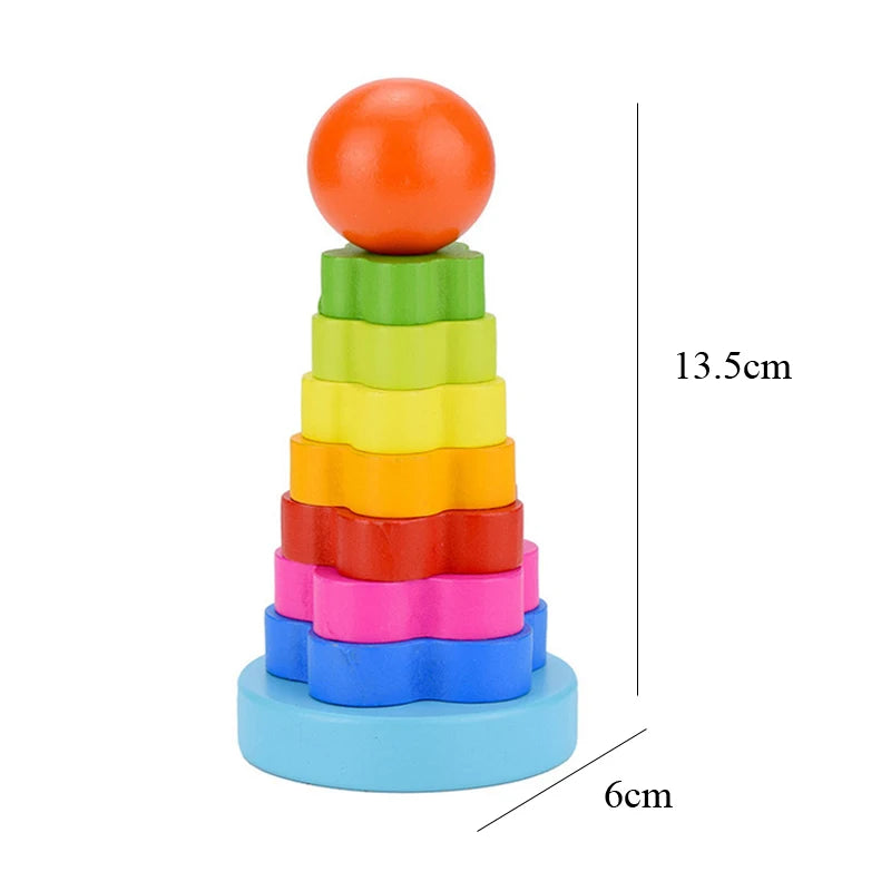 A stack of colorful wooden sensory blocks in rainbow order, topped with an orange ball and resting on a light blue base.
