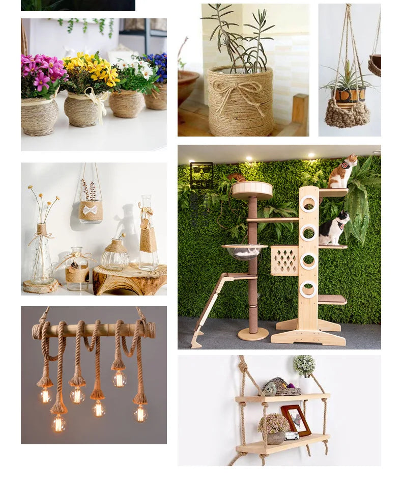 Various natural jute twine and rope used for gift wrapping, crafts, and DIY projects.