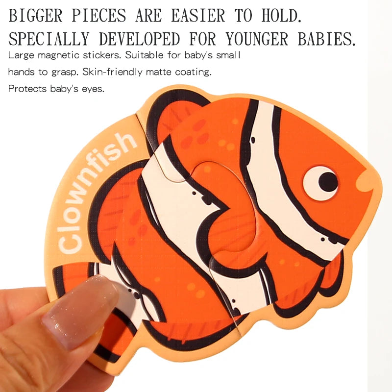 An orange clownfish magnetic puzzle piece designed for young babies.