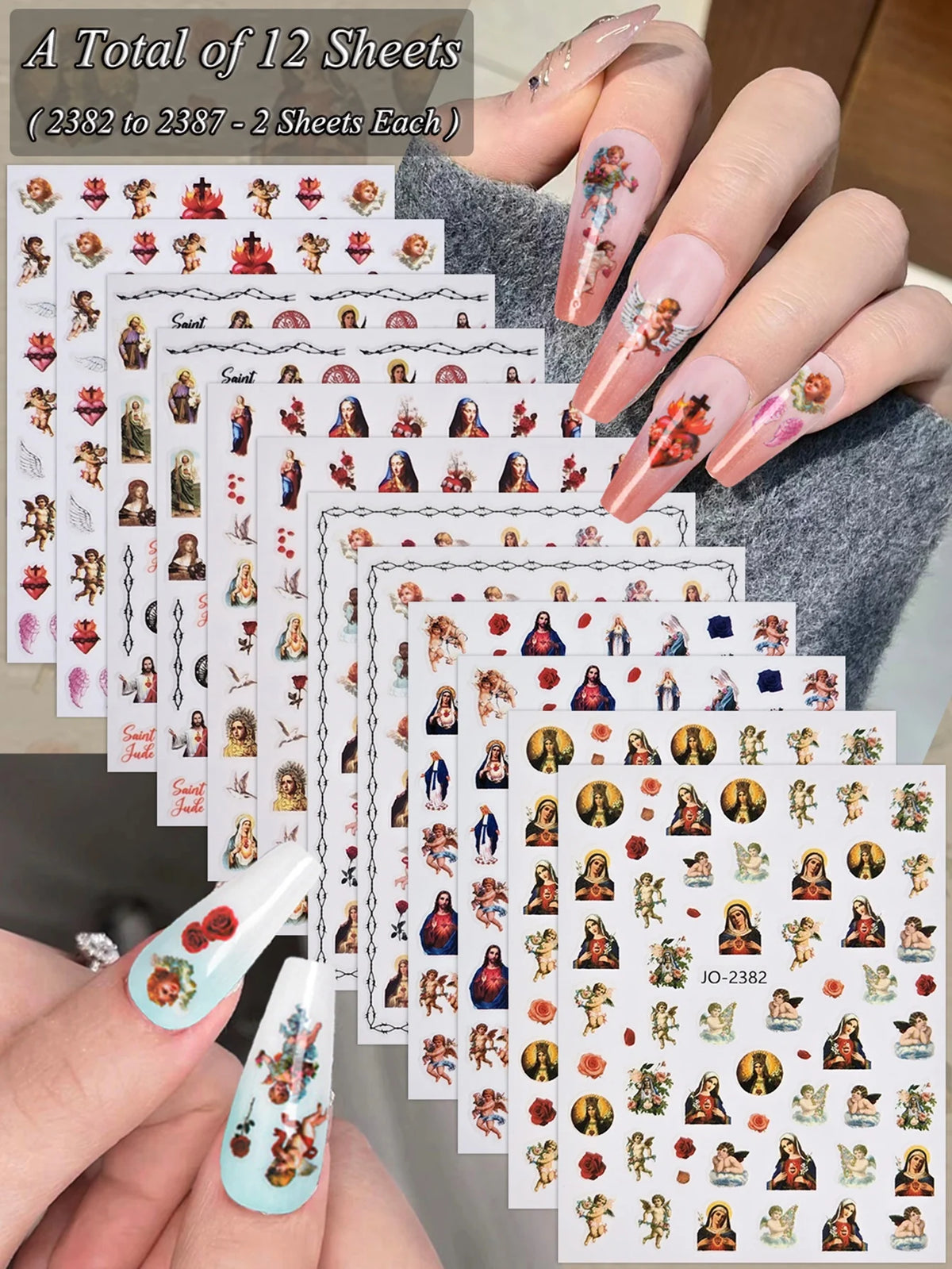 A total of 12 sheets of vintage angel and saint nail art stickers featuring cherubs and crosses.
