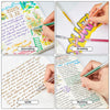 A hand is using a set of glitter gel pens to draw on paper, demonstrating writing and drawing techniques.