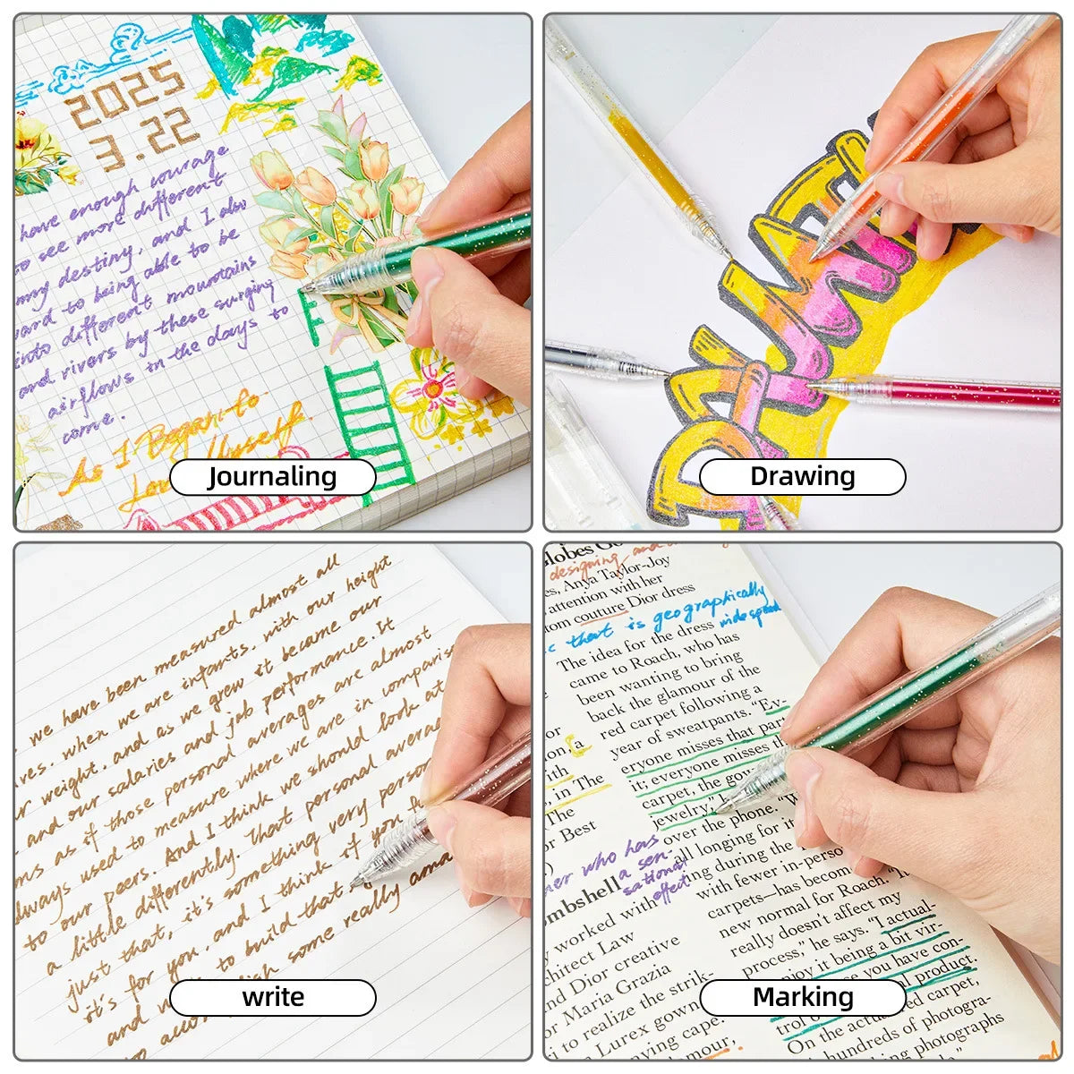 A hand is using a set of glitter gel pens to draw on paper, demonstrating writing and drawing techniques.
