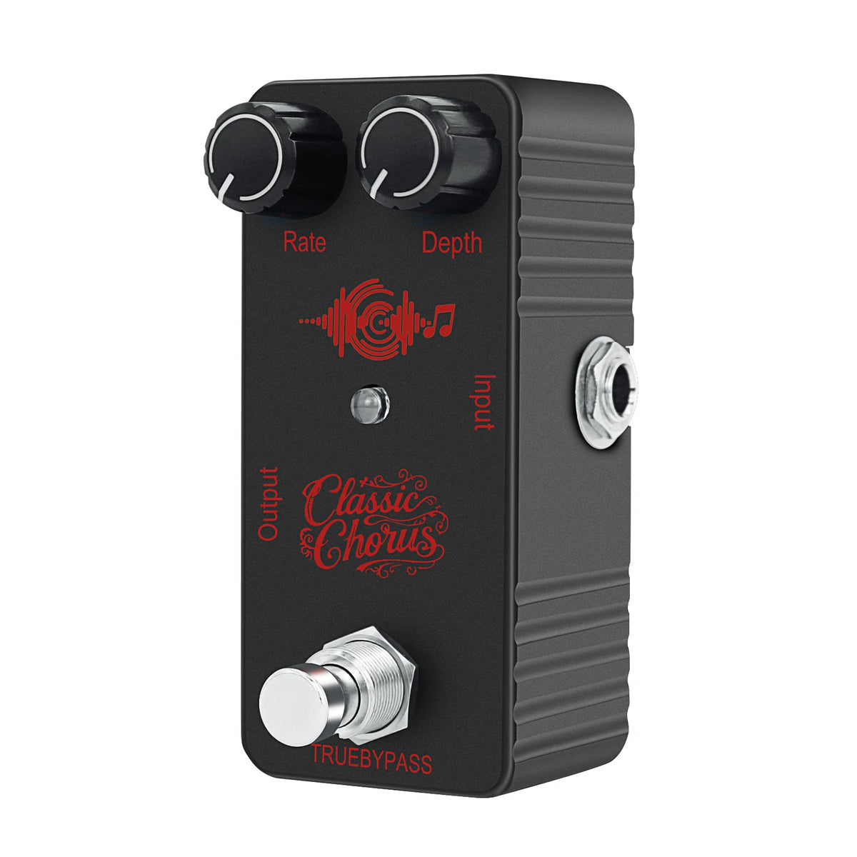 A black mini guitar effects pedal with Rate and Depth controls, featuring an output and a Truebypass switch.