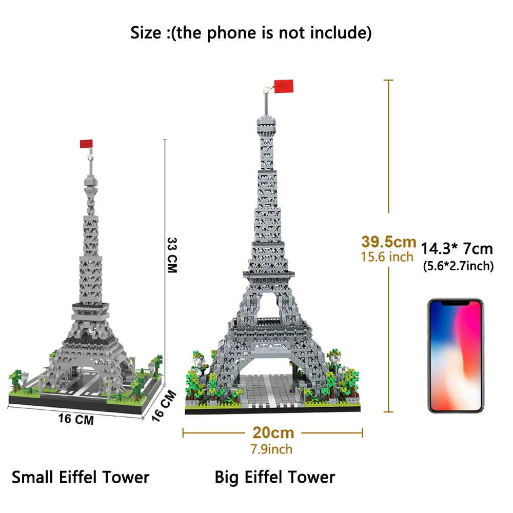 Comparison of small and big Eiffel Tower models made from LED-illuminated micro building blocks