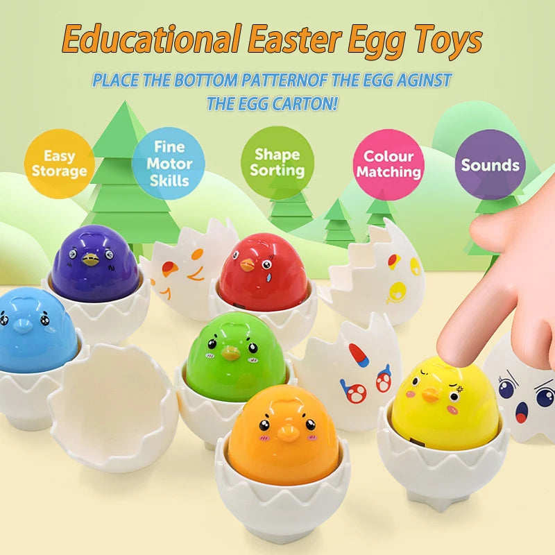 A set of colorful egg toys with various textures and sounds for fine motor skills development.