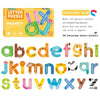 A box of letter puzzle magnets featuring lowercase alphabet letters and numbers for children.