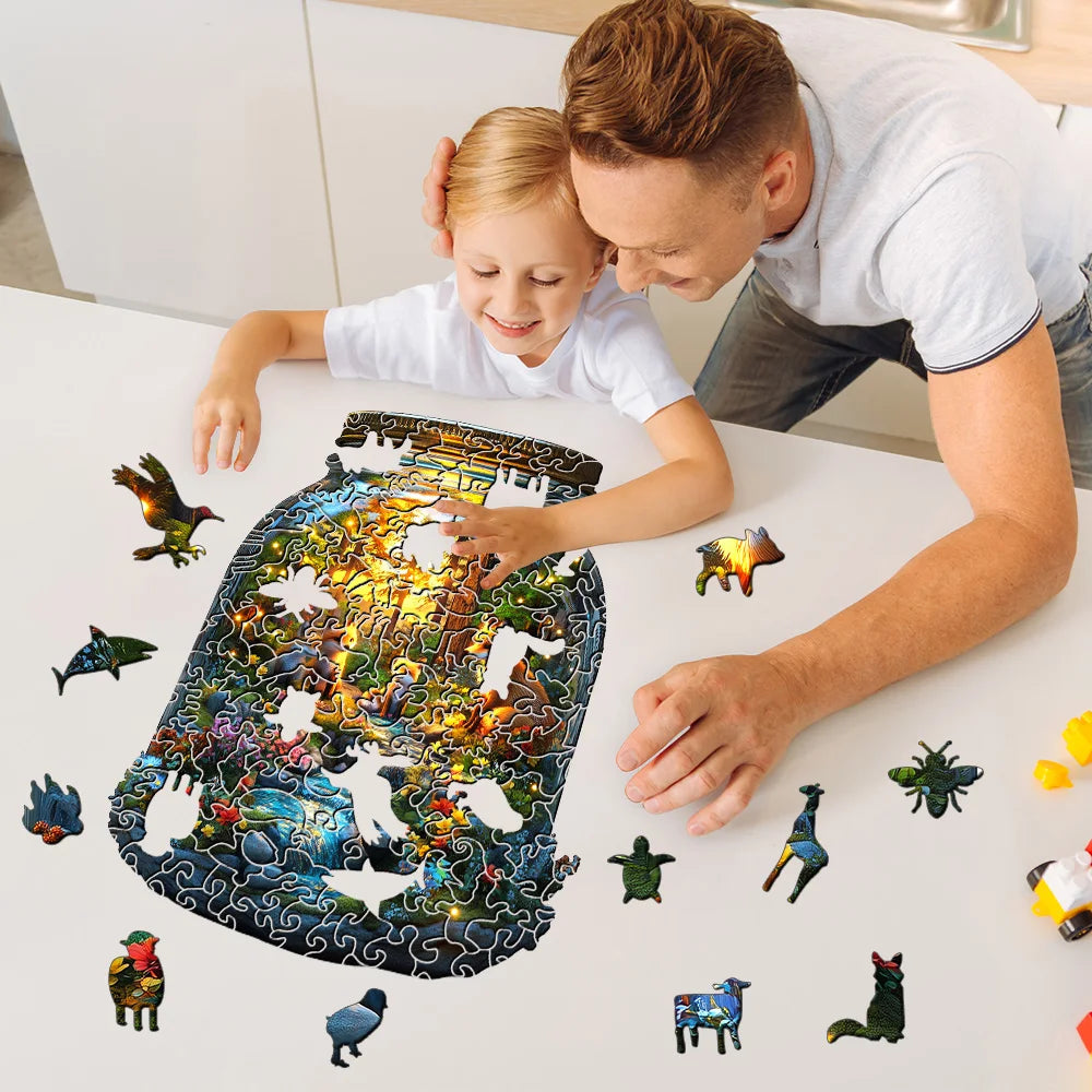 A man and a child are assembling a premium wooden jigsaw puzzle featuring various animal shapes on a white table.