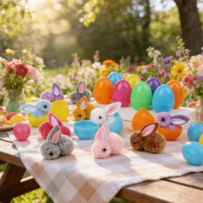 Assortiment coloré d'œufs de Pâques et de lapins en peluche sur une nappe à carreaux, en extérieur.