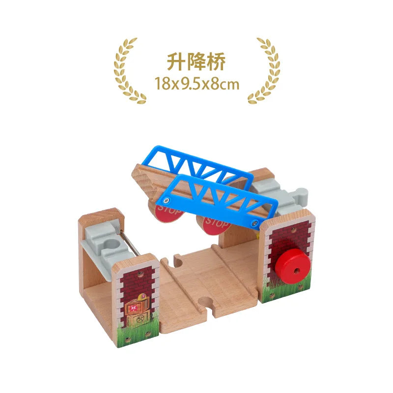 Wooden train track accessories set featuring airport and gas station scenes with blue and red components