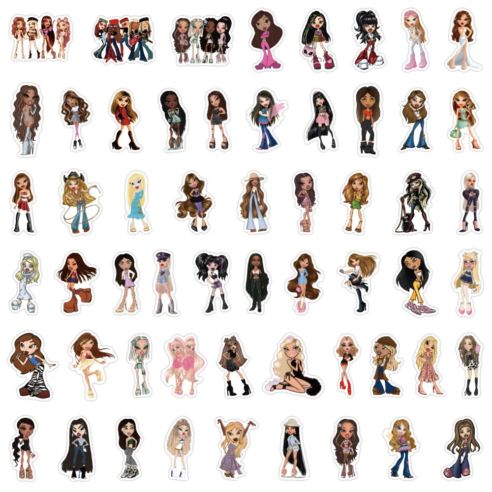 A collection of cartoon Bratz doll stickers featuring various characters and styles.