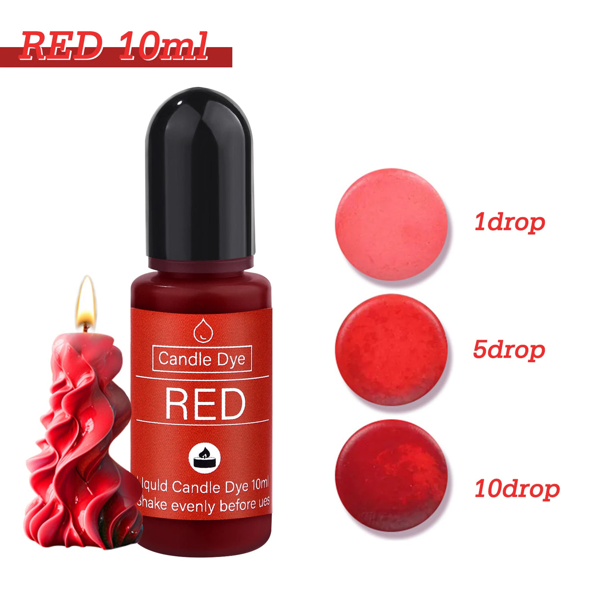 A bottle of RED 10ml candle dye with a dropper, next to individual drops of red liquid dye.
