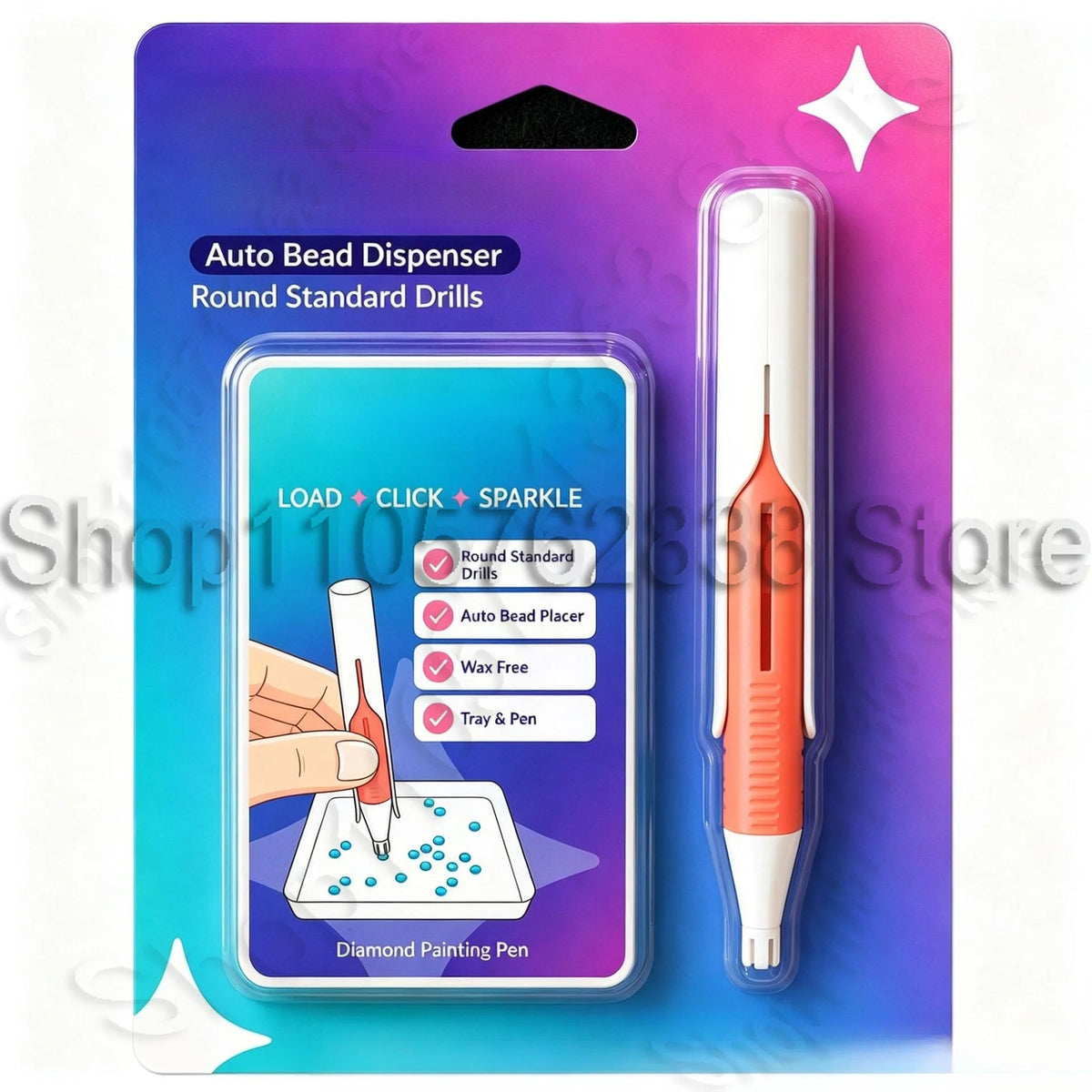 A clear plastic dispenser pen with a diamond painting tip is shown next to a box for auto bead dispenser round standard drill