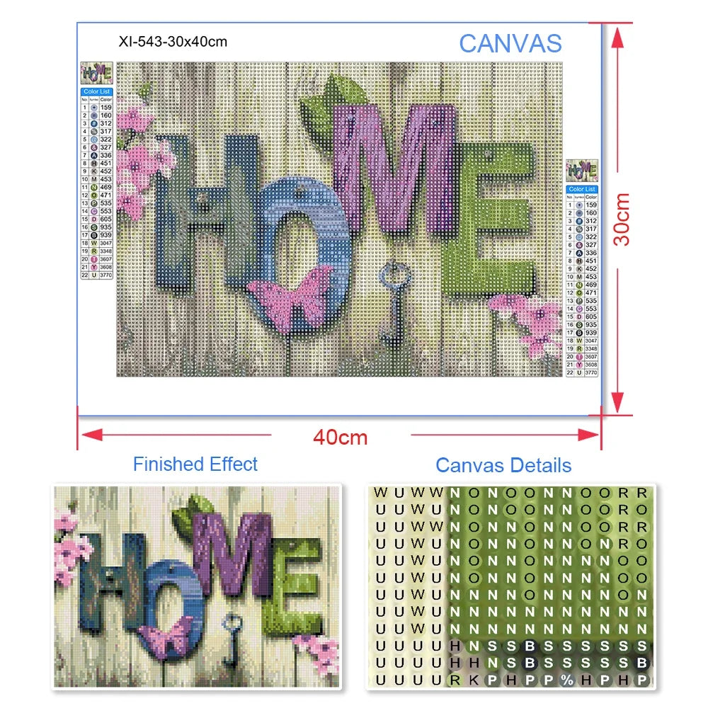 Diamond painting kit showing the word HOME in various shades of green and pink flowers on a wooden background