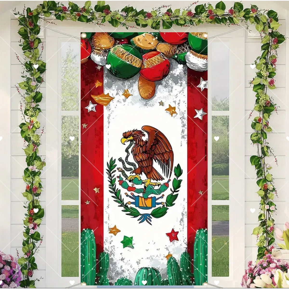 Viva Mexico door cover featuring an eagle and flag design framed by green vines