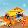 A yellow toy food truck car with a cooking compartment and lights, shown in a side view.