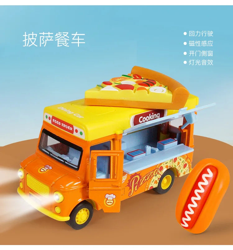 A yellow toy food truck car with a cooking compartment and lights, shown in a side view.