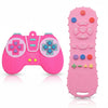 A pink silicone teether set featuring a cross shape and various buttons for babies.