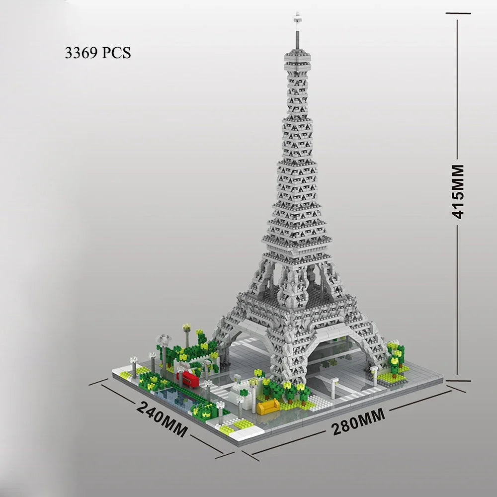 A model of the Eiffel Tower built from 3369 small building blocks on a flat base.