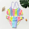 A girls two-piece rainbow swimsuit set featuring vibrant vertical stripes of pink, yellow, green, and blue.