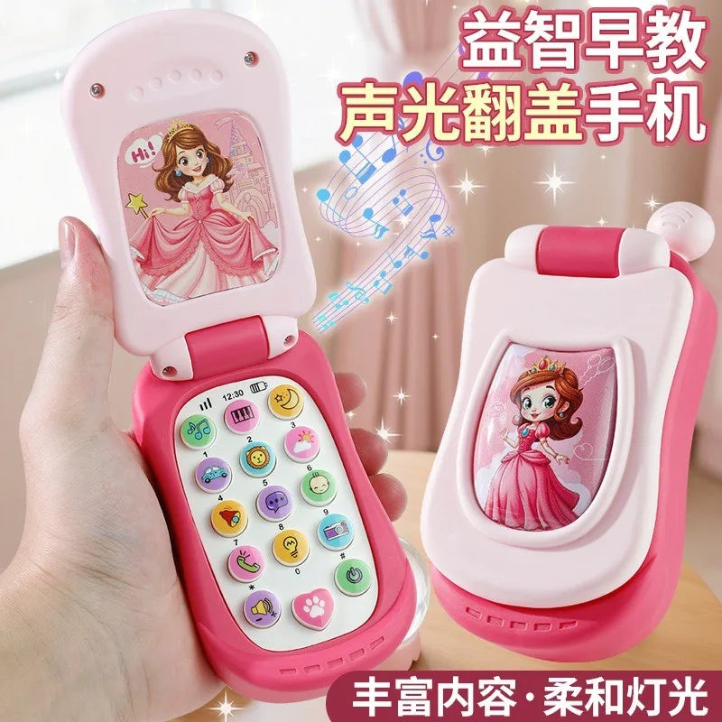 A pink educational talking puzzle phone for toddlers with a princess design and colorful buttons.