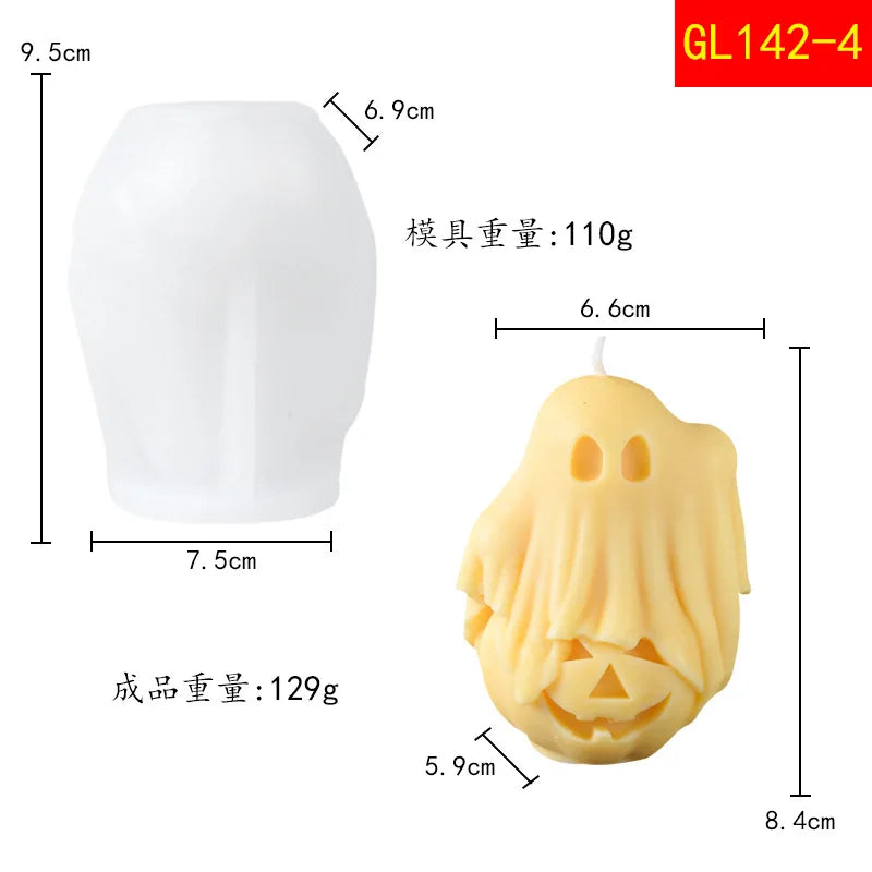 A white silicone mold shaped like a ghost for candles and DIY crafts, shown with dimensions.