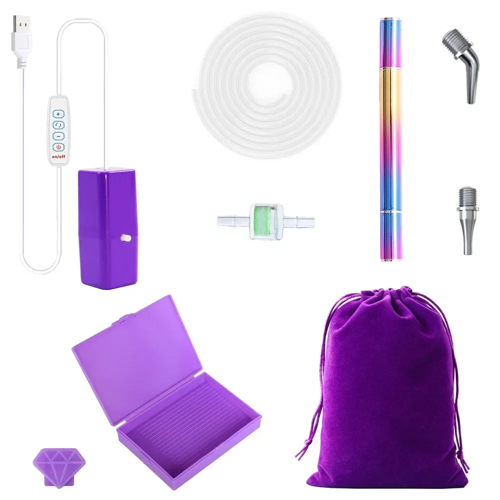 A purple electric diamond painting pen kit with a USB suction tool and storage pouch.