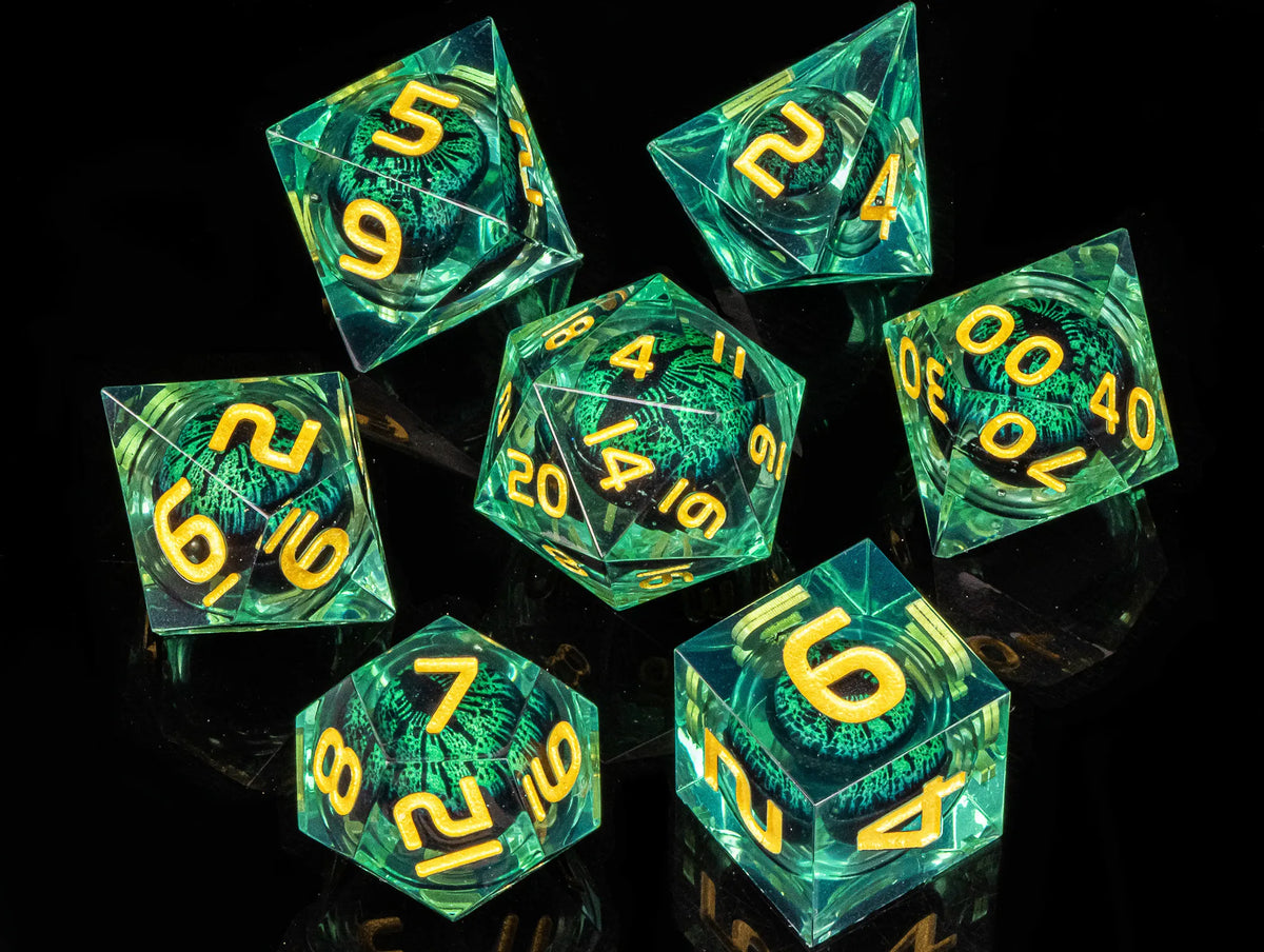 A collection of seven green resin polyhedral dice with yellow markings, set against a dark background.