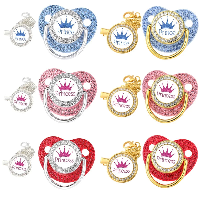 Crystal Crown Pacifier Clip Set with Silicone Nipple