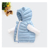 A light blue quilted hooded vest for a child, displayed against a white background.