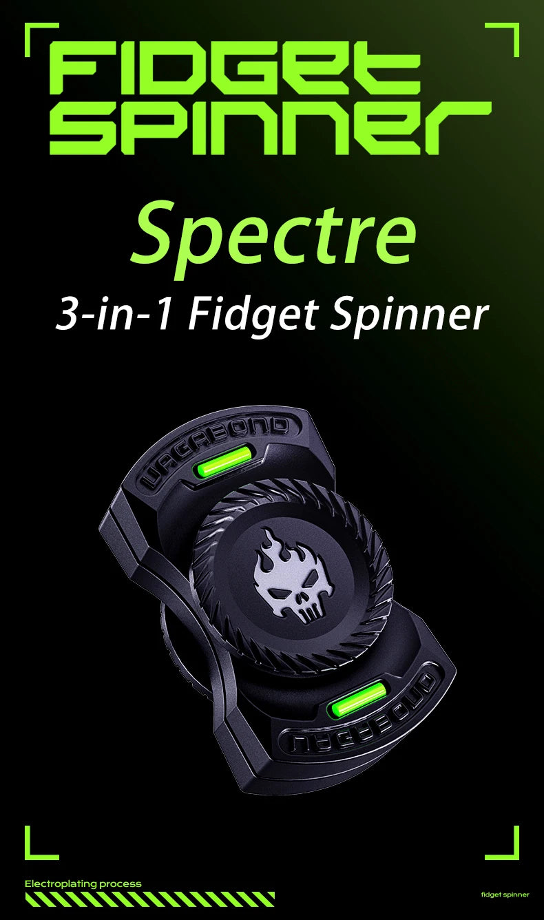 A black 3-in-1 fidget spinner named Spectre is shown against a dark background.